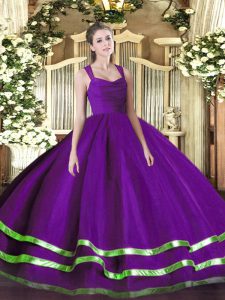 Simple Floor Length Purple 15 Quinceanera Dress Organza Sleeveless Ruffled Layers and Ruching