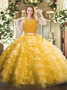 Best Organza Scoop Sleeveless Zipper Lace and Ruffled Layers Quinceanera Dresses in Gold