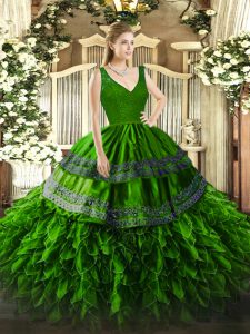 Green Quinceanera Dresses Military Ball and Sweet 16 and Quinceanera with Beading and Lace and Ruffles V-neck Sleeveless Backless