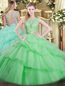 Eye-catching Apple Green Tulle Backless Scoop Sleeveless Floor Length Quinceanera Gown Beading and Ruffled Layers