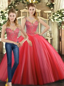 Deluxe Coral Red Lace Up Straps Beading Sweet 16 Dresses Tulle Sleeveless