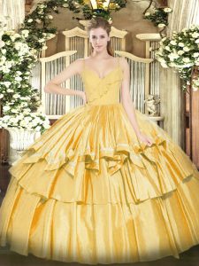 Gold Sleeveless Taffeta Zipper Quinceanera Gown for Military Ball and Sweet 16 and Quinceanera