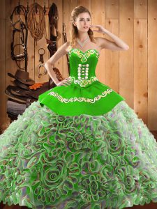 Best Multi-color Ball Gowns Satin and Fabric With Rolling Flowers Sweetheart Sleeveless Embroidery With Train Lace Up Ball Gown Prom Dress Sweep Train