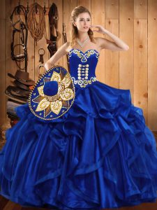 Royal Blue Quince Ball Gowns Military Ball and Sweet 16 and Quinceanera with Embroidery and Ruffles Sweetheart Sleeveless Lace Up
