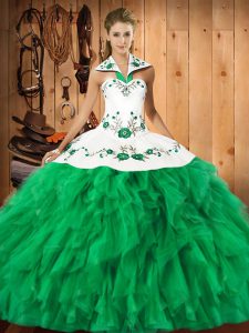 Best Selling Sleeveless Satin and Organza Floor Length Lace Up 15th Birthday Dress in Green with Embroidery and Ruffles