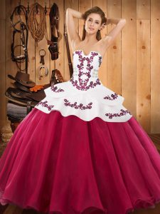 Ball Gowns Quinceanera Dress Hot Pink Strapless Satin and Organza Sleeveless Floor Length Lace Up