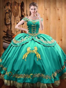 Turquoise Off The Shoulder Lace Up Beading and Embroidery Sweet 16 Quinceanera Dress Sleeveless