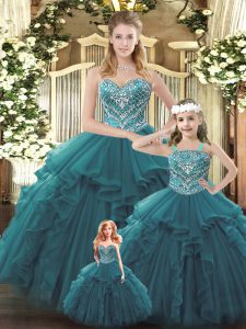 Sophisticated Floor Length Ball Gowns Sleeveless Teal Sweet 16 Quinceanera Dress Lace Up