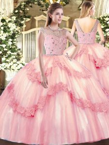 Bateau Sleeveless Ball Gown Prom Dress Floor Length Beading and Appliques Baby Pink Tulle
