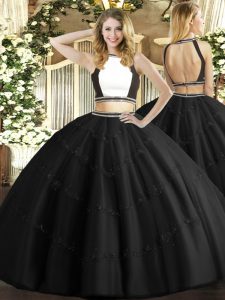 Tulle Halter Top Sleeveless Backless Beading Ball Gown Prom Dress in Black
