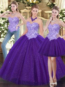 Fancy Sleeveless Tulle Floor Length Lace Up Quince Ball Gowns in Purple with Beading