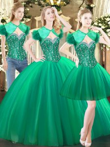 Superior Beading Quinceanera Gowns Green Lace Up Sleeveless Floor Length