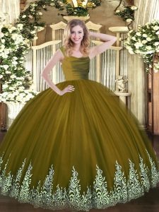 Ideal Olive Green Zipper Straps Beading and Appliques Quinceanera Gown Tulle Sleeveless