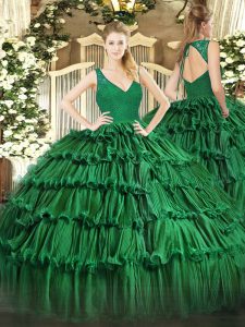 Enchanting Floor Length Dark Green Ball Gown Prom Dress Organza Sleeveless Beading and Lace and Ruffled Layers