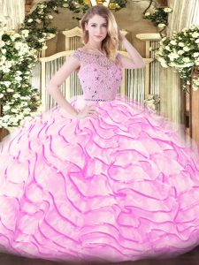 Bateau Sleeveless Quince Ball Gowns Sweep Train Beading and Ruffled Layers Lilac Tulle