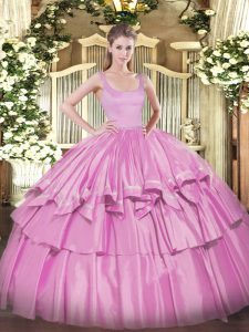 Sleeveless Organza and Taffeta Floor Length Zipper Vestidos de Quinceanera in Lilac with Beading and Ruffled Layers