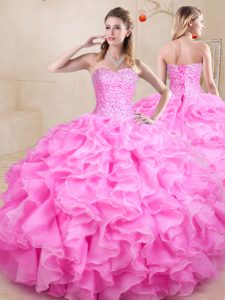 Beading and Ruffles Vestidos de Quinceanera Rose Pink Lace Up Sleeveless Floor Length