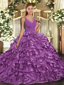 Sleeveless Taffeta Floor Length Backless Quinceanera Gown in Lilac with Beading and Ruffles