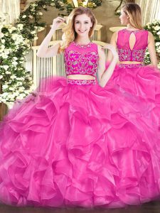 Fitting Beading and Ruffles Sweet 16 Dresses Hot Pink Zipper Sleeveless Floor Length