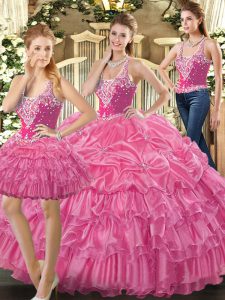 Gorgeous Straps Sleeveless Lace Up Sweet 16 Dresses Hot Pink Tulle