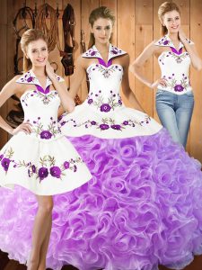 Halter Top Sleeveless Lace Up Quinceanera Dress Lilac Fabric With Rolling Flowers