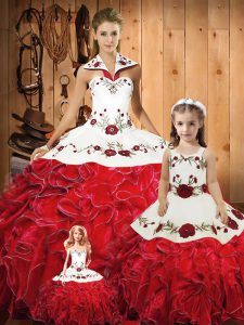 Ball Gowns Sweet 16 Dress Red Halter Top Tulle Sleeveless Floor Length Lace Up