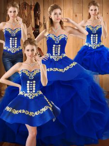 Designer Blue Sleeveless Embroidery and Ruffles Floor Length Vestidos de Quinceanera