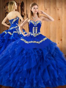 Super Blue Sweetheart Neckline Embroidery and Ruffles Sweet 16 Quinceanera Dress Sleeveless Lace Up
