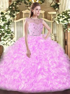 Unique Bateau Sleeveless Tulle Quinceanera Gown Beading and Ruffles Zipper