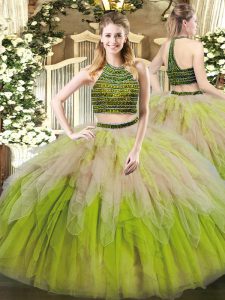 Multi-color Tulle Lace Up Halter Top Sleeveless Floor Length 15th Birthday Dress Beading and Ruffles