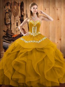 New Arrival Sleeveless Floor Length Embroidery and Ruffles Lace Up Ball Gown Prom Dress with Gold