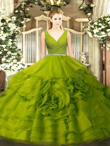 Dynamic Olive Green Ball Gowns Fabric With Rolling Flowers V-neck Sleeveless Beading Floor Length Zipper Vestidos de Quinceanera