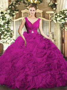 Nice V-neck Sleeveless Backless Quinceanera Gowns Fuchsia Fabric With Rolling Flowers