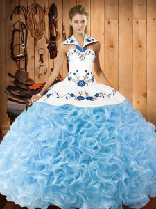 Baby Blue Sweet 16 Quinceanera Dress Military Ball and Sweet 16 and Quinceanera with Embroidery Halter Top Sleeveless Lace Up