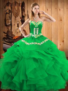 Ideal Green Satin and Organza Lace Up Sweet 16 Dresses Sleeveless Floor Length Embroidery