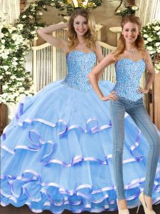 Suitable Baby Blue Sleeveless Floor Length Beading and Ruffled Layers Lace Up Quinceanera Dresses