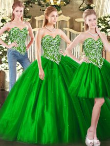Sleeveless Floor Length Beading Lace Up Sweet 16 Quinceanera Dress with Green