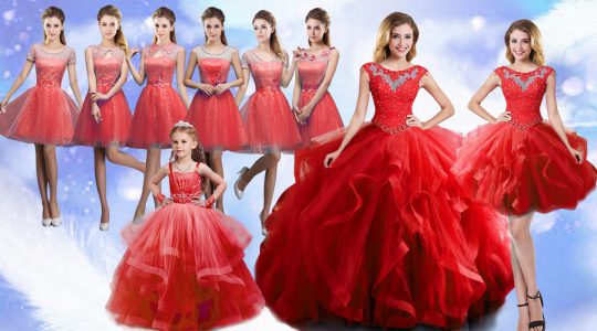 Adorable Sleeveless Organza Floor Length Lace Up Sweet 16 Dress in Wine Red with Beading and Ruffles
