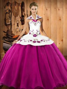 Cheap Embroidery Ball Gown Prom Dress Fuchsia Lace Up Sleeveless Floor Length