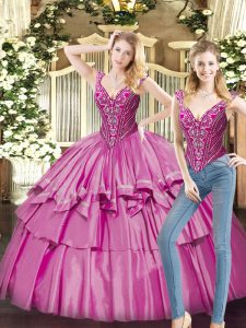 Fuchsia V-neck Lace Up Beading and Ruffled Layers Quince Ball Gowns Sleeveless
