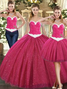 Elegant Fuchsia Ball Gowns Sweetheart Sleeveless Tulle Floor Length Lace Up Ruching 15 Quinceanera Dress