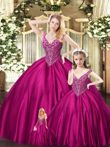 Designer Fuchsia Organza Lace Up Straps Sleeveless Floor Length Sweet 16 Dresses Beading