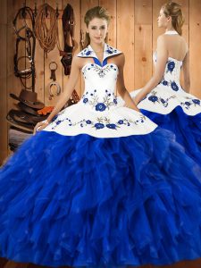 Amazing Floor Length Lace Up Quinceanera Dress Blue And White for Military Ball and Sweet 16 and Quinceanera with Embroidery and Ruffles
