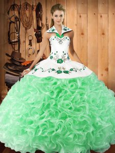 Apple Green Ball Gowns Embroidery Sweet 16 Quinceanera Dress Lace Up Fabric With Rolling Flowers Sleeveless Floor Length