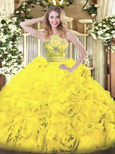 Elegant Ball Gowns Sweet 16 Quinceanera Dress Gold Halter Top Tulle Sleeveless Floor Length Zipper