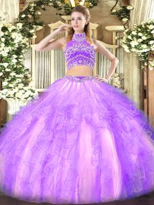 Pretty Floor Length Two Pieces Sleeveless Lavender Ball Gown Prom Dress Backless