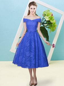 Elegant Blue Cap Sleeves Tea Length Bowknot Lace Up Damas Dress