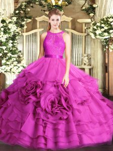 Lace Ball Gown Prom Dress Fuchsia Zipper Sleeveless Floor Length