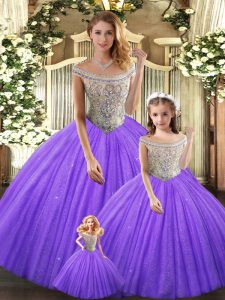 Eggplant Purple Ball Gowns Beading Quinceanera Dresses Lace Up Tulle Sleeveless Floor Length