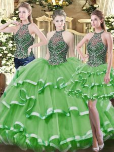 High-neck Sleeveless Lace Up Sweet 16 Dress Green Organza